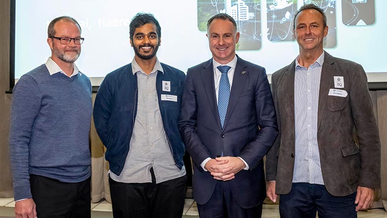 From left: NZ Cleantech Report authors Kevin Sheehy, Aljo Anand and Phil Anderson (far right), with Hon Simon Watts (second from right)