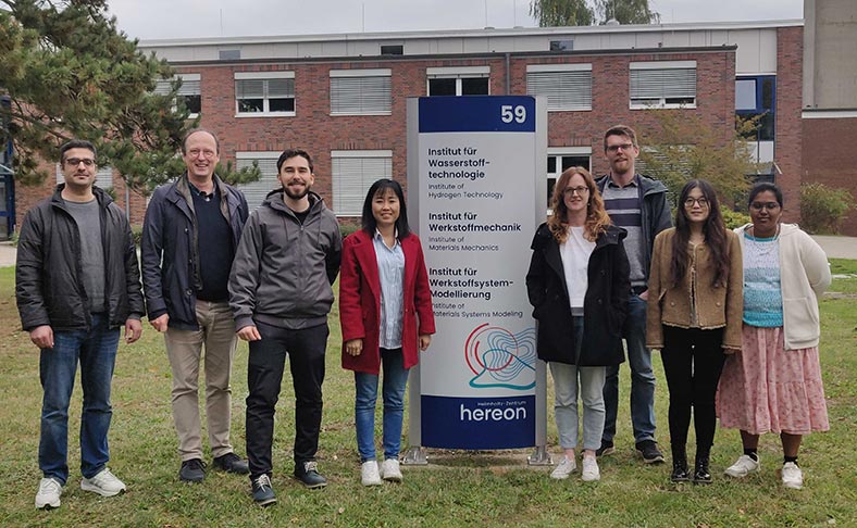 Some of the He Honoka Hauwai German-NZ Green Hydrogen Centre team visiting materials design collaborators at the Institute for Hydrogen Technology at Helmholtz-Zentrum Hereon. From left: Mohammad Zarar Rasheed, Thomas Klassen, Ebert Alvares, Thi-Thu LE, Anna Garden, Alex Haack, Yuanyuan Shang and Lathapriya Vellingiri.