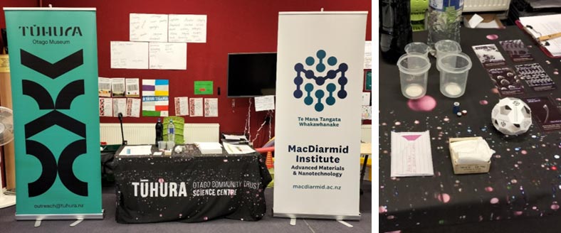 Left to right: Nanoscience setup at Ōpoho School;  some of the activities for the nanoscience session.