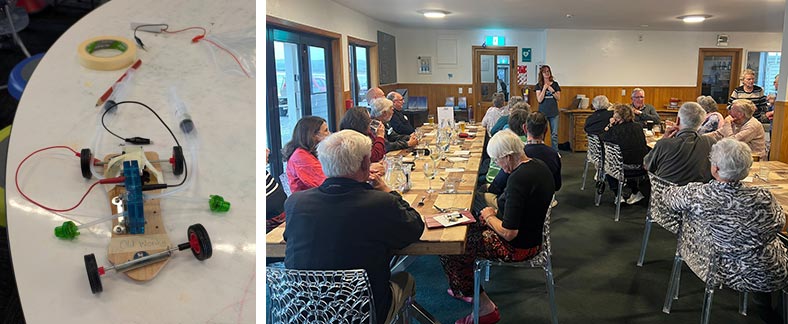 Left: Hydrogen car. Right: Anna Garden giving pub talk at Hotel Chatham.
