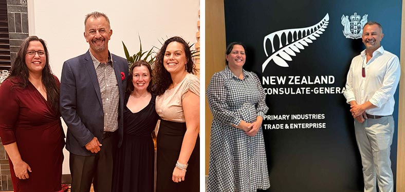 Left (from left): Pauline Harris, Hēmi Rolleston, Natalie Plank and Kirsty Doyle at FOMA. Right: Pauline Harris and Hēmi Rolleston at the Māori Kiwifruit Growers Incorporated Export Hui in Dubai.