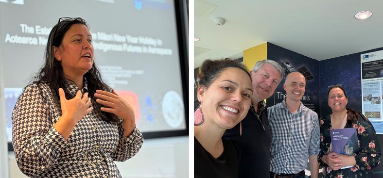 Left: St Andrews University lecture - Pauline Harris sharing Māori astronomy and aerospace research. Right: Exploring advanced instrumentation and collaboration opportunities at RAL. From left: Kirsty Doyle, Andy Shaw, Hugh Mortimer and Pauline Harris.