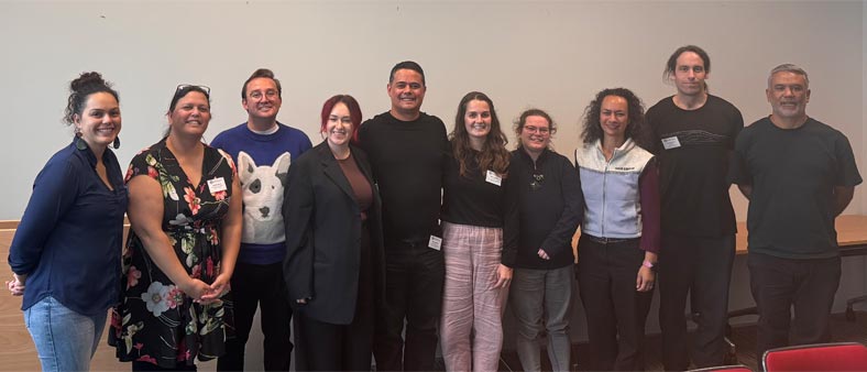 From left: Kirsty Doyle (Strategic Manager Māori), Pauline Harris (Deputy Director Māori) Kannan Ridings (AI), Carlie Watt (PhD student), Alan King-Hunt (PhD student), Alyssa Thomas (PhD student), Raine Hananui (RA), Ocean Mercier (PI), Joseph Nelson (AI), Derek Kawiti (PI).