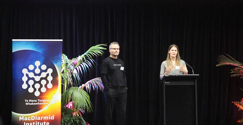 Jami Shepherd with Fisher and Paykel's Kayne Alward speaking at the Tāmaki Makaurau Auckland Techweek event